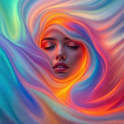 The primary subject of the image is a woman with a pink lipstick smile. She is the main focus of the image, and her lips are the most prominent feature. The setting is a colorful, swirling background that adds a vibrant and lively atmosphere to the scene. The visual style of the image is a combination of photo and digital art, creating a unique and eye-catching appearance. The dominant colors in the image are pink, orange, and blue, which contribute to the overall mood of the